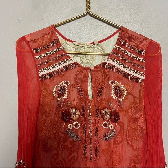 Soft Surroundings Tannon Embroidered Beaded Blouse Top Size Medium Orange - Picture 3 of 6